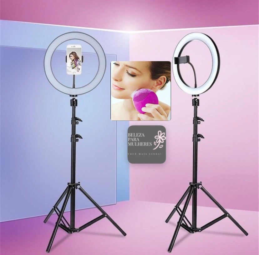 Combo Anel de Led 26cm (tripé 1,80cm + suporte celular) + Esponja Facial Elétrica